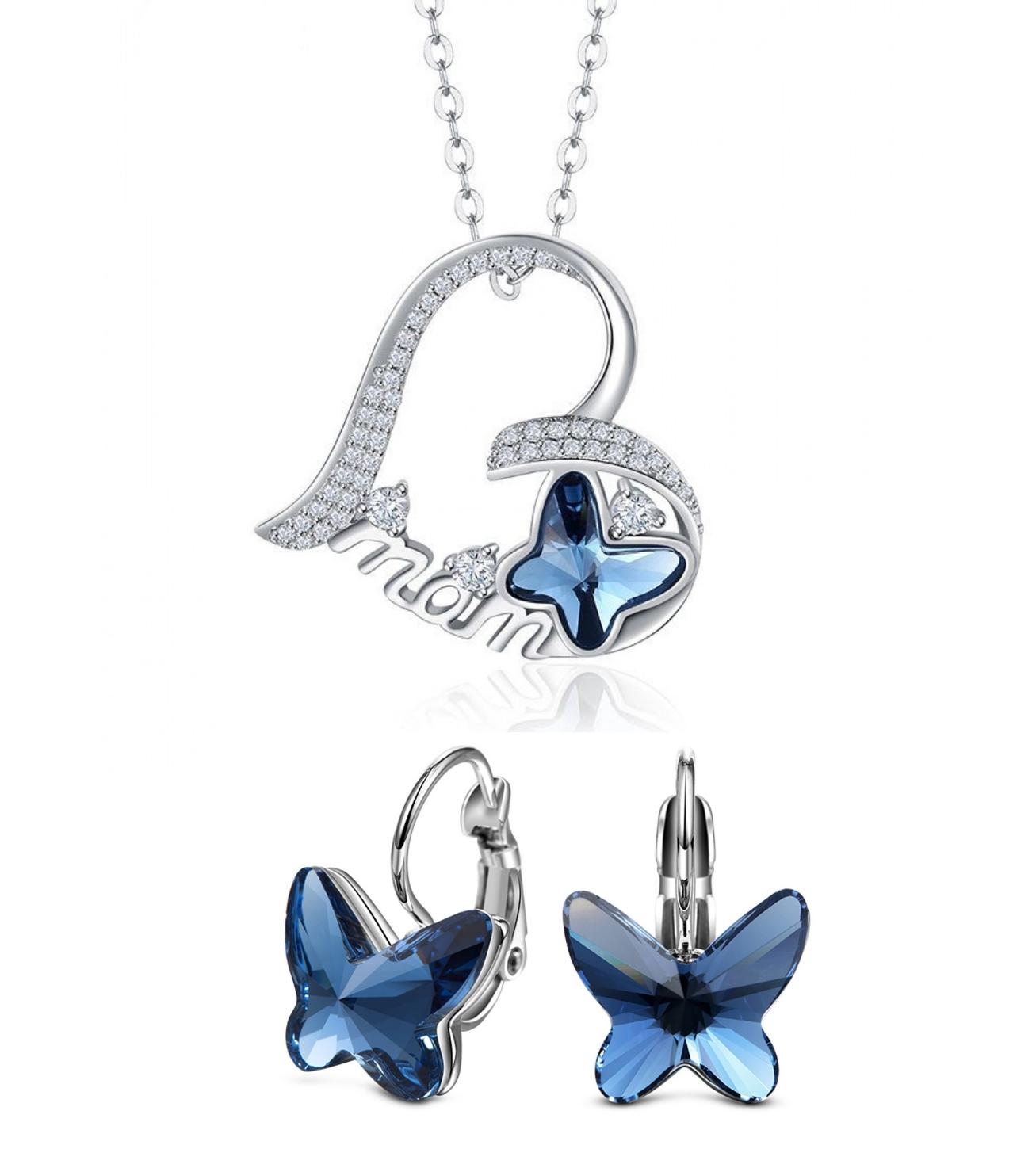 Kristal Taşlı Mavi Kelebek Kolye ve Kupe Set (Altın Kaplama) - n0847set